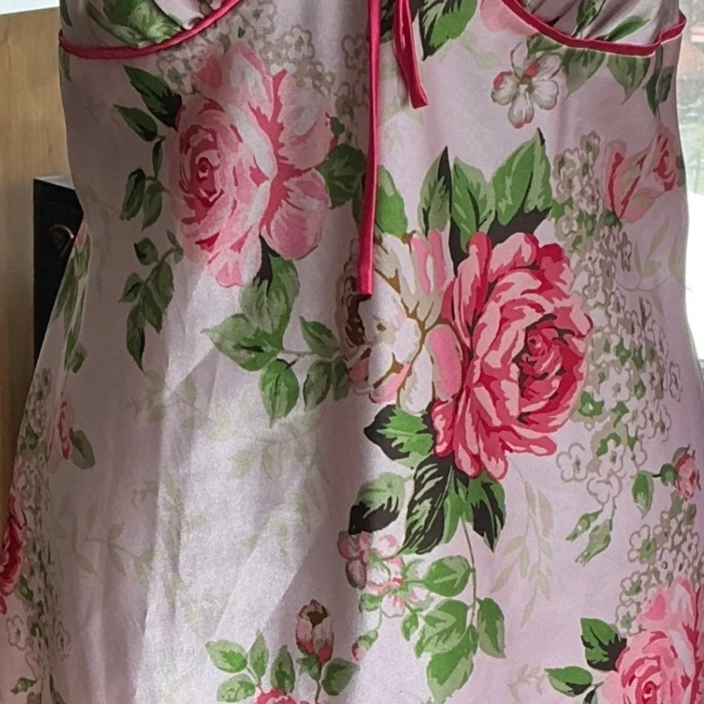 Adonna‎ Vintage Pink Floral Satin Coquette Slip Dress Adjustable Straps Large